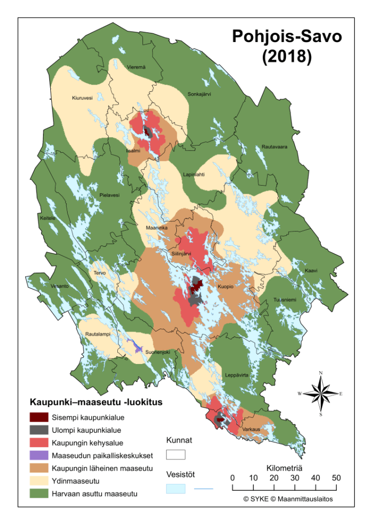karttakuva Pohjois-Savon kauopunki-maaseutuluokituksesta