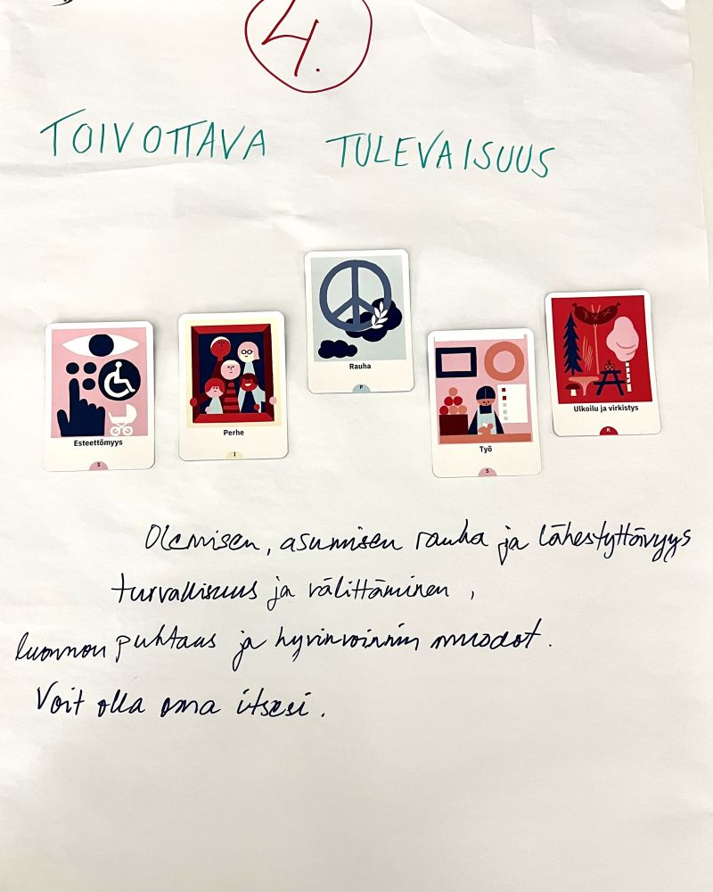 Tulevaisuusseinä Diakonissalaitoksen tulevaisuuskorteilla. Ryhmä 4