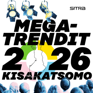 Sitran Megatrendit 2026 kisakatsomo mainoskuva, jossa logo ja teksti isolla ja ihmisiä istumassa katsomossa takaapäin katsottuna.