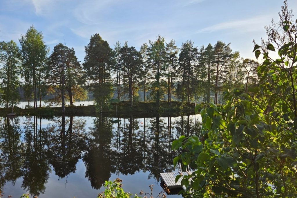 Näkymä Saarijärven Ruustinnasta Papinniemeen, tyyneen järveen heijastuu peilikuva.